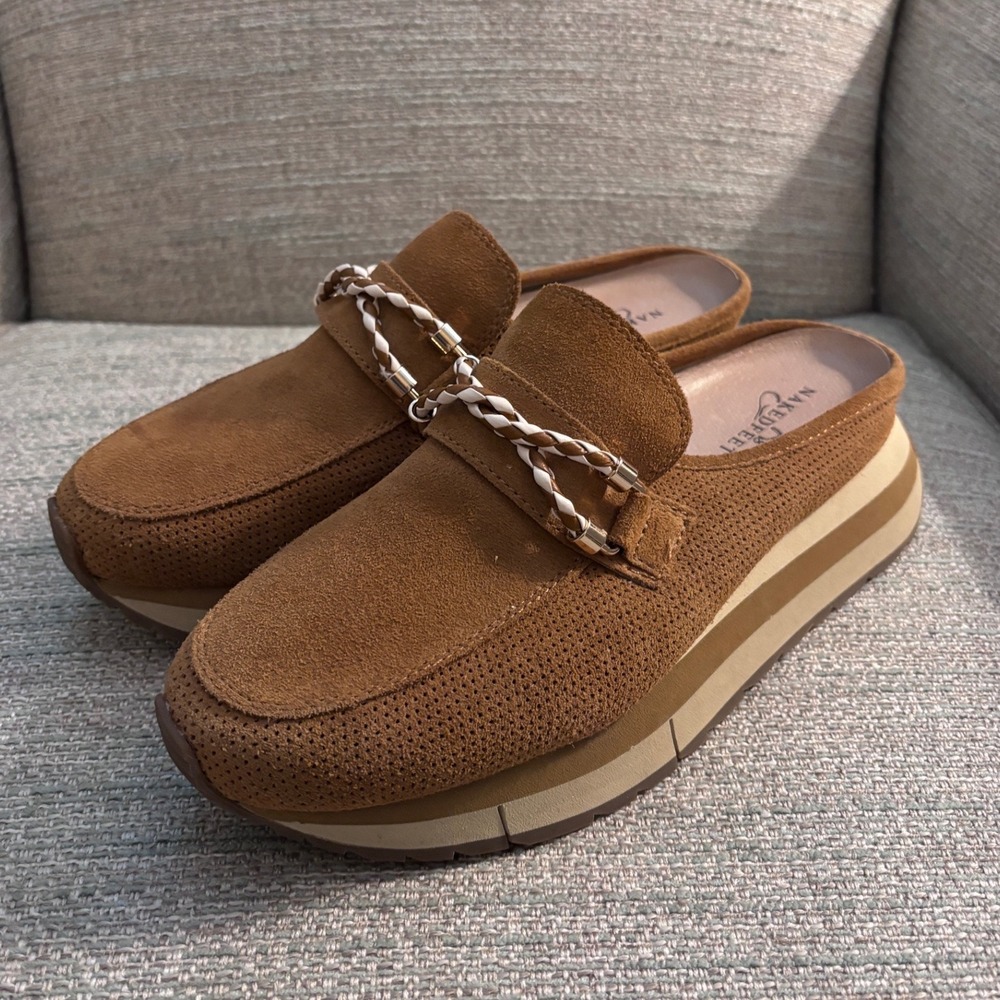 Naked Feet Polo Suede Platform Mules Tan Brown‎ Braided Chain Loafers 7.5M 10339